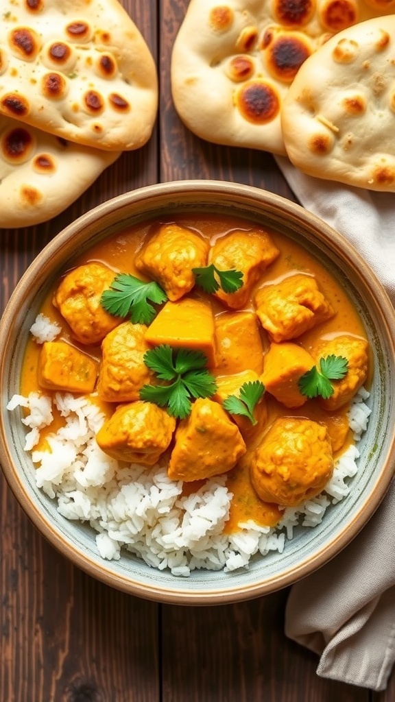 Pumpkin Coconut Curry Chicken Recipe A bowl of pumpkin coconut curry chicken with rice and naan, garnished with cilantro.